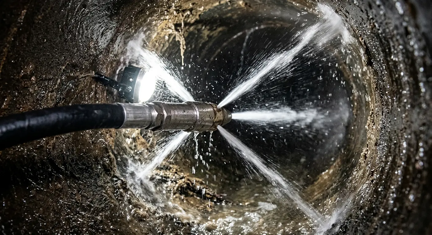 High-pressure hydro jetting nozzle cleaning sewer pipe for Trenchless Sewer Repair in Cleveland