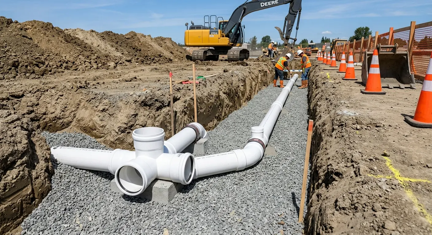 New PVC sewer pipe installation in open trench for Sewer Backup in Cleveland