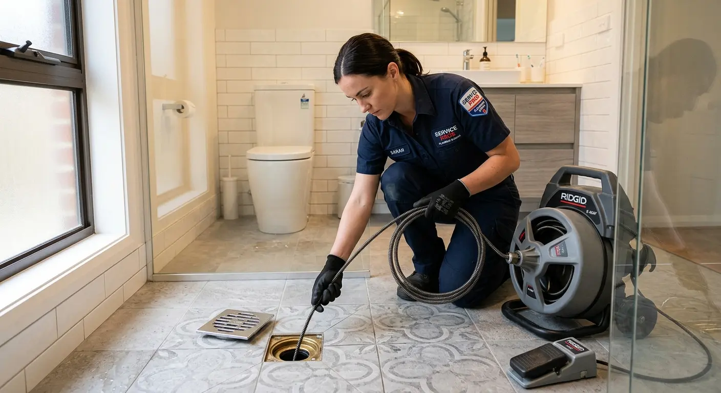 Technician clearing a bathroom floor drain for Drain Cleaning in Cleveland